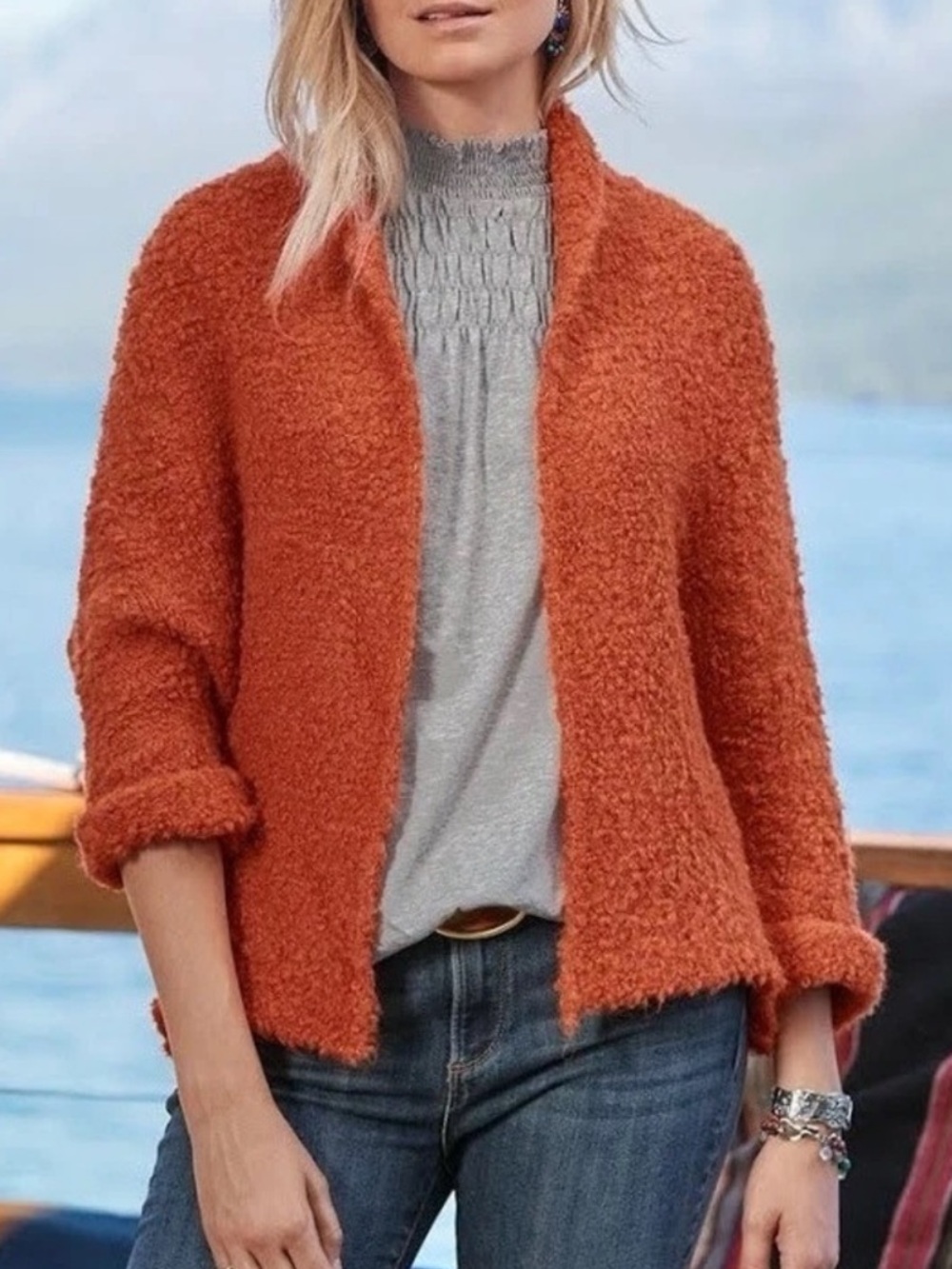 Sundance Open-Front Bouclé Cardigan in Bright Orange